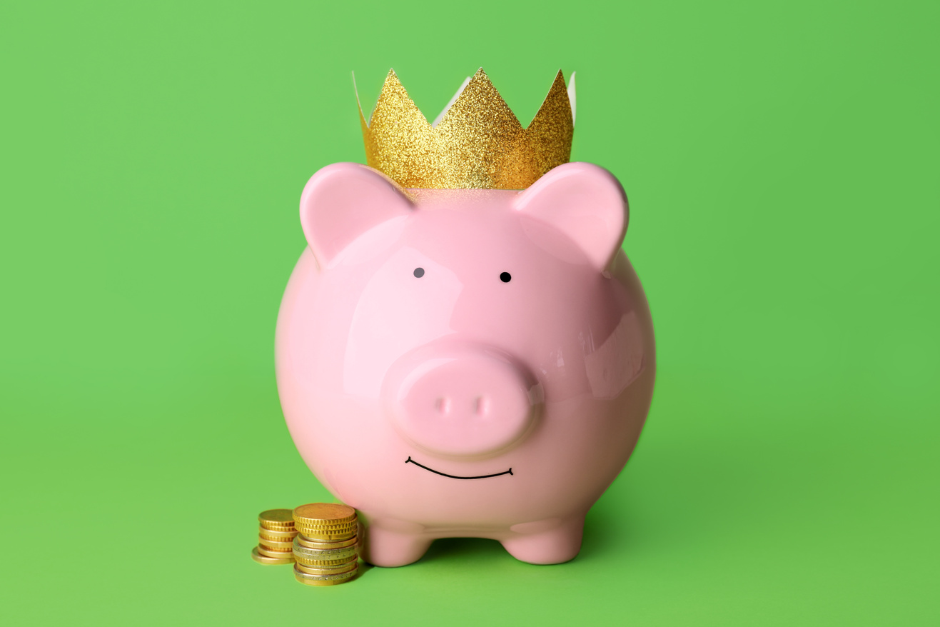 Piggy Bank with Crown and Money on Color Background